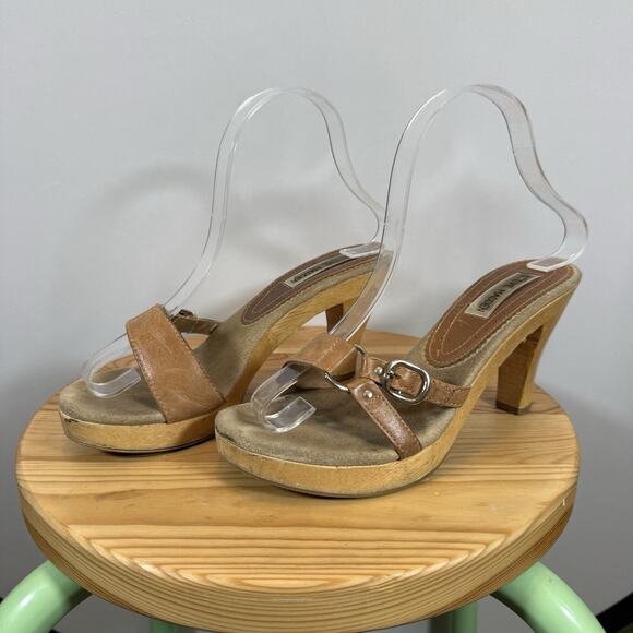 Vintage Y2K Steve Madden Strappy Wood Block Heel Mules Sandals Bratz - Tan Sz 7 - Picture 1 of 10